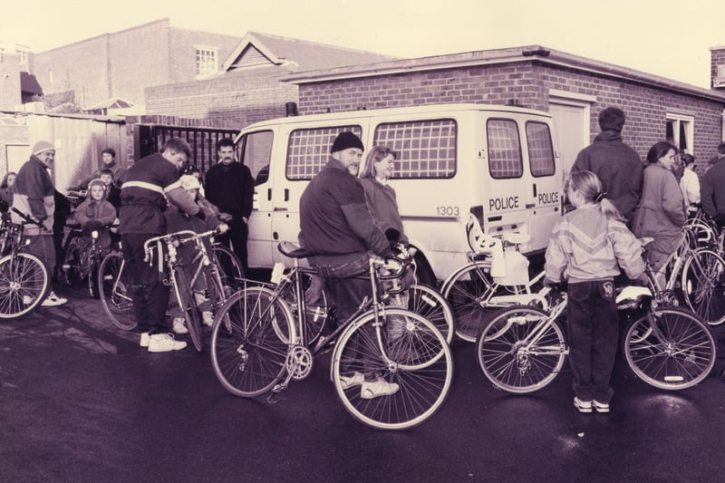 Dozens of cyclists waiting in line at Gosport Police Station, to have their new bikes post coded in January 1993. The News PP5527