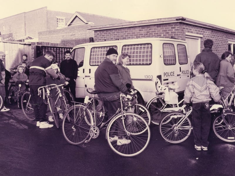 Dozens of cyclists waiting in line at Gosport Police Station, to have their new bikes post coded in January 1993. The News PP5527