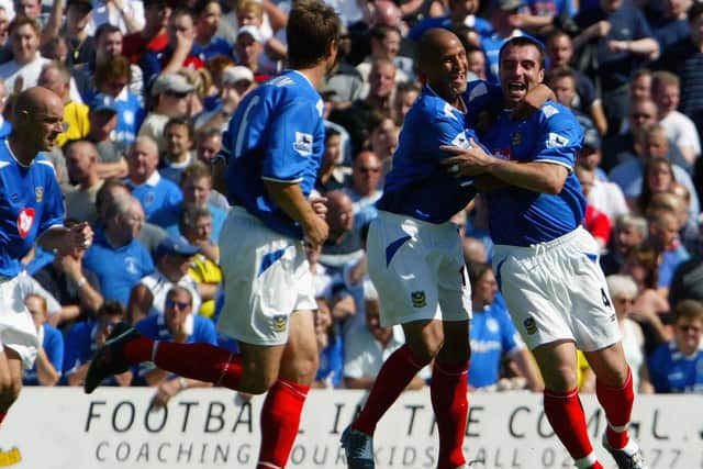 David Unsworth celebrates scoring on his debut against Birmingham in August 2004. Picture: Graeme Robertson/Getty Images