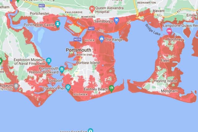 A map produced by Climate Central which shows areas of land which are at risk of flooding. The areas in red are projected to be below the annual flood level by 2030.