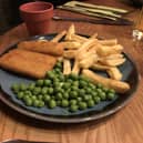 A child's meal of fish fingers chips and peas at the Fareham Harvester
