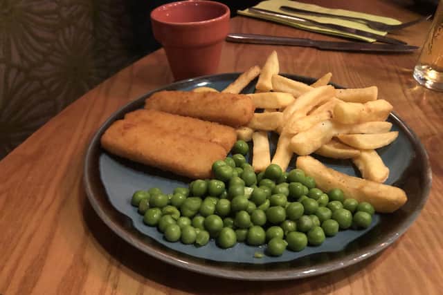 A child's meal of fish fingers chips and peas at the Fareham Harvester