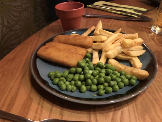 A child's meal of fish fingers chips and peas at the Fareham Harvester