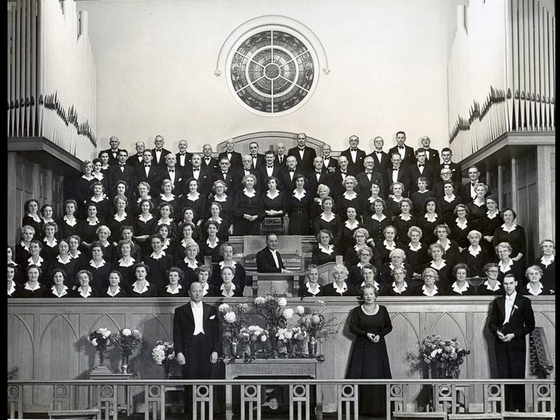 The Portsmouth Glee Club, with soloists Frederick Harvey and Olive Groves and musical director and founder Harold Hall (far right at the front) in Copnor Methodist Church during the Second World War