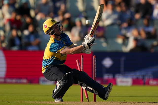 Birmingham Bears batsman Alex Davies is bowled by Brad Wheal. Picture: Jacob King/PA Wire.