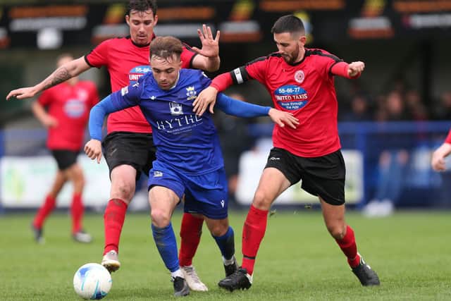 Billy Connor (blue) has made a quick return to Baffins Milton Rovers and started the Hampshire Senior Cup loss to Hartley Wintney.
Picture: Chris Moorhouse