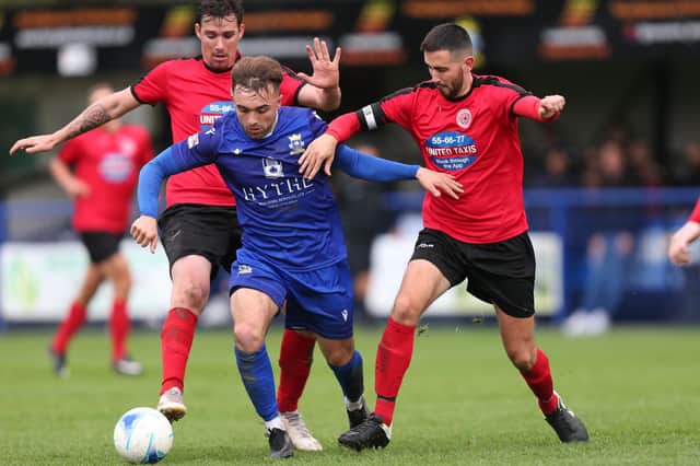 Billy Connor (blue) has made a quick return to Baffins Milton Rovers and started the Hampshire Senior Cup loss to Hartley Wintney.
Picture: Chris Moorhouse