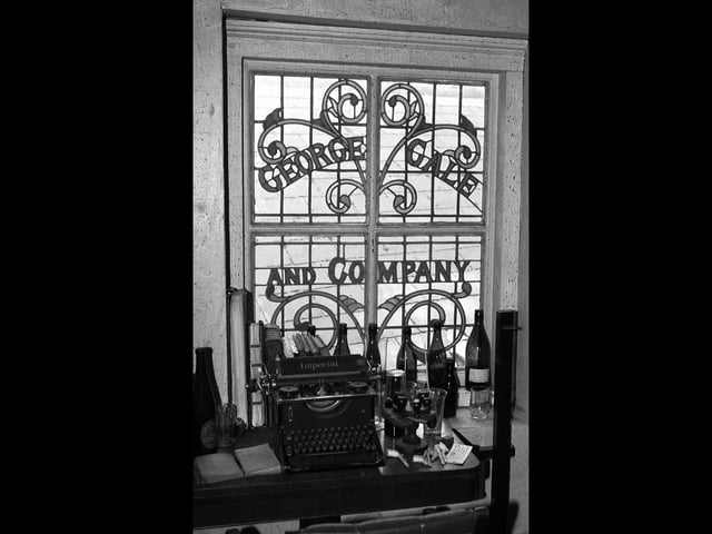 Gales Brewery at Horndean 3rd October 2003. Stained glass window and old-style typewriter. Picture: David Garvey 033382-11