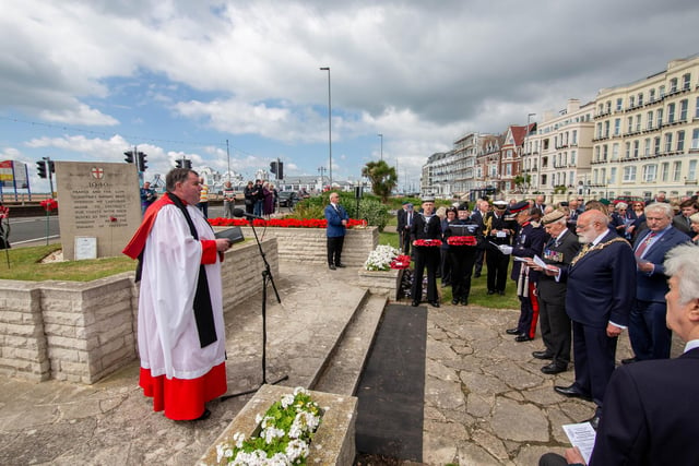 The Portsmouth City Council and Royal British Legion D-Day 75 memorial service on Monday 6th June 2022 at the D-Day Stone, Southsea. Pictured: Speech by Canon Bob White at the event near the D Day Stone.