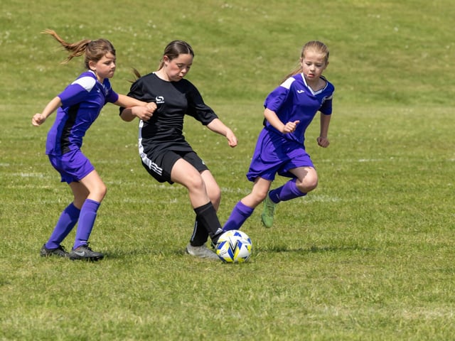 Stoneham Lionesses (purple kit) take on Bedhampton Hawks (black kit) in the Clanfield youth football tournament at Horndean Technology College. Picture: Mike Cooter