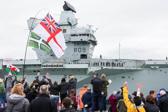 HMS Prince of Wales returning to Portsmouth Harbour on March 26, 2024, after completing NATO Exercise Steadfast Defender.