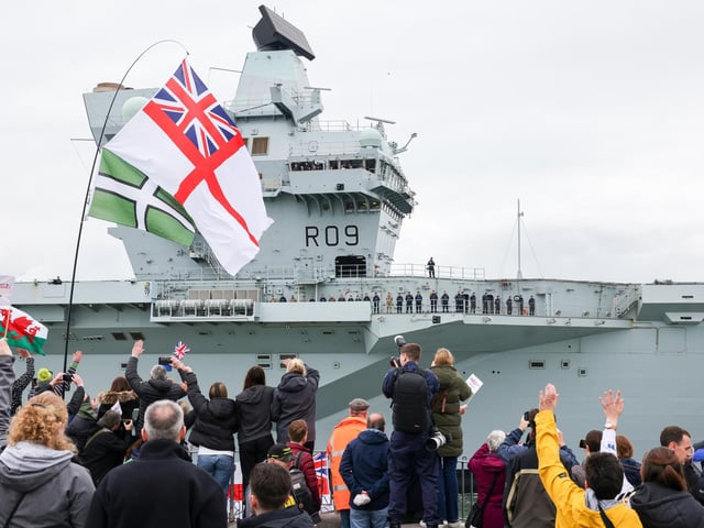 HMS Prince of Wales returning to Portsmouth Harbour on March 26, 2024, after completing NATO Exercise Steadfast Defender.