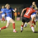Pompey Women's Hayley Bridge battles for the ball with Shelley Provan at Fratton Park. Picture: Kieron Louloudis