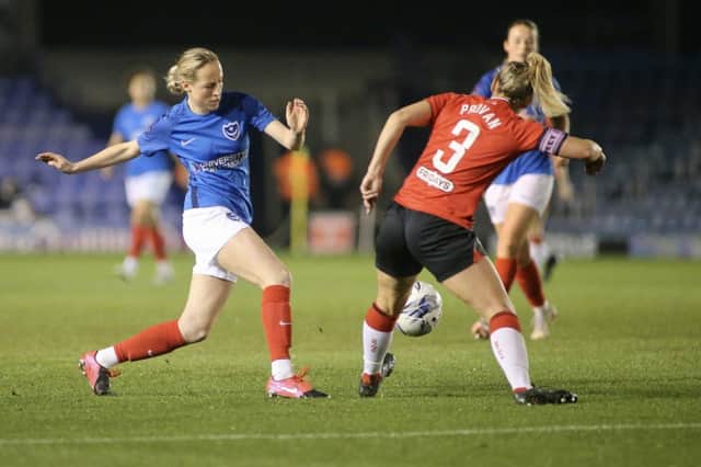 Pompey Women's Hayley Bridge battles for the ball with Shelley Provan at Fratton Park. Picture: Kieron Louloudis
