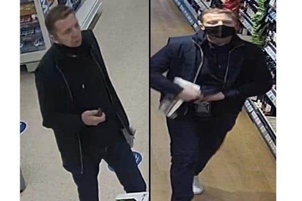 CCTV of a man wanted by Skegness police after stealing £540 worth of alcohol from a supermarket. It is believed he could be in Hampshire