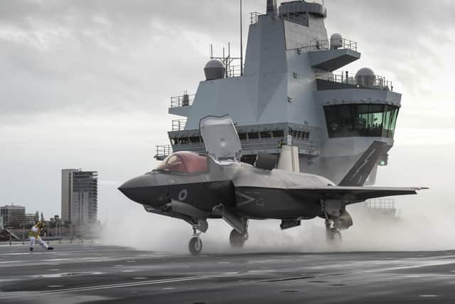 An F-35B stealth jet pictured launching from HMS Queen Elizabeth in Portsmouth. Photo: LPhot Belinda Alker