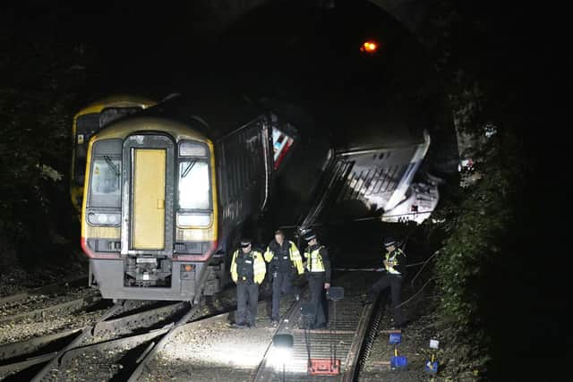 Emergency services at the scene of a crash involving two trains near the Fisherton Tunnel between Andover and Salisbury in Wiltshire.
Andrew Matthews/PA Wire