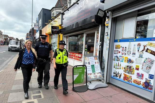 Amanda Martin MP out on patrol with local police visiting local shops in North End