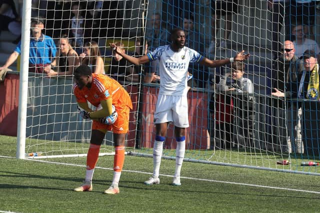 Hawks striker Mo Faal can't believe a goal has been ruled offside. Picture by Dave Haines.