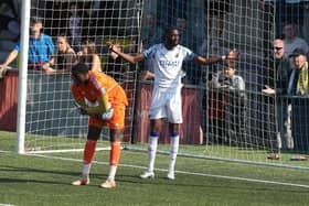 Hawks striker Mo Faal can't believe a goal has been ruled offside. Picture by Dave Haines.