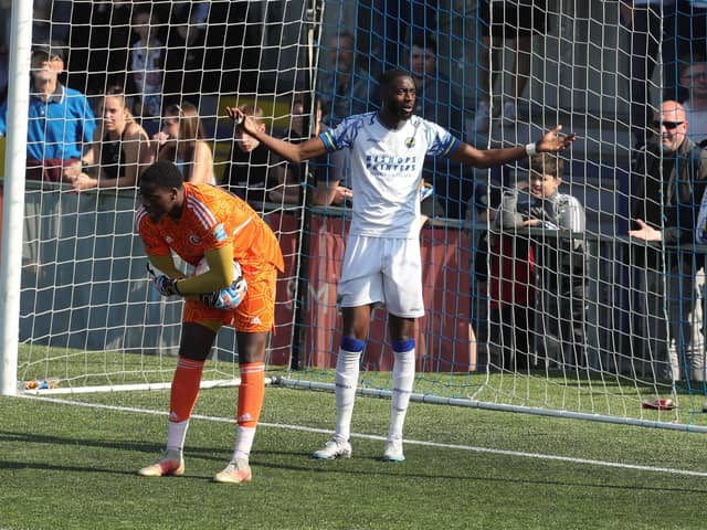 Hawks striker Mo Faal can't believe a goal has been ruled offside. Picture by Dave Haines.