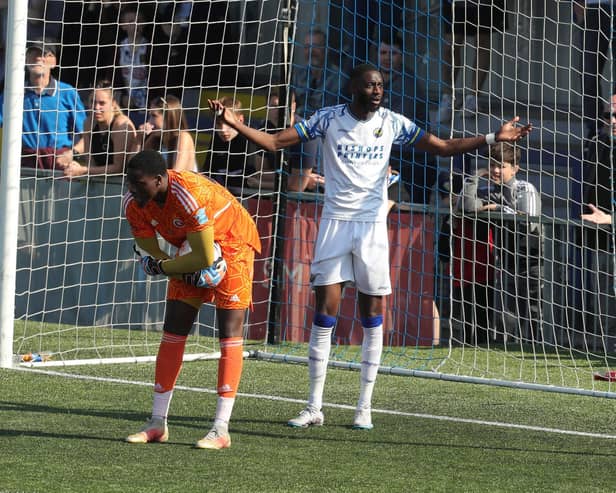 Hawks striker Mo Faal can't believe a goal has been ruled offside. Picture by Dave Haines.