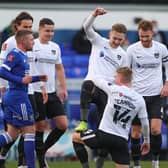 Pompey celebrate Ronan Curtis' opener at Ipswich.  Picture: Nigel Keene