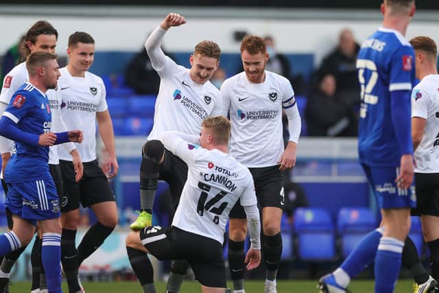 Pompey celebrate Ronan Curtis' opener at Ipswich.  Picture: Nigel Keene