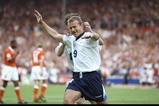 Alan Shearer after scoring for England against Holland in the Group A match at Wembley during the European Football Championships. England beat Holland 4-1 Picture: Getty Images