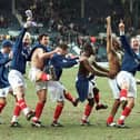 Mathias Svensson (second from left) and his Pompey team-mates do the conga on the Elland Road pitch following their 3-2 FA Cup success at Leeds in February 1997