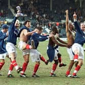 Mathias Svensson (second from left) and his Pompey team-mates do the conga on the Elland Road pitch following their 3-2 FA Cup success at Leeds in February 1997
