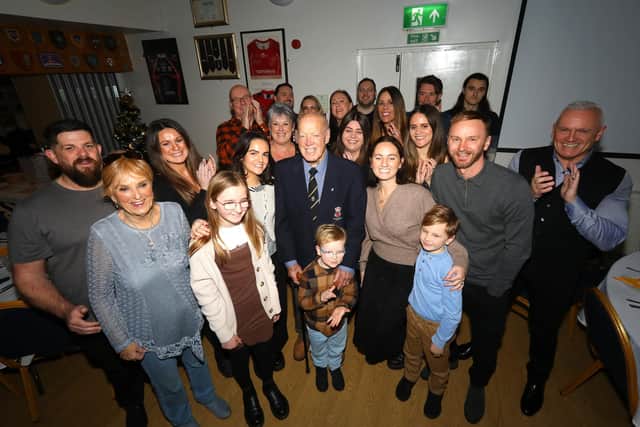 Roy Harris, centre, and his family. Roy Harris' 90th birthday party at Portsmouth RFC, Rugby Camp, Hilsea
Picture: Chris Moorhouse (jpns 031222-39)