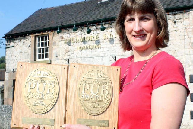 Janet Gosling of The Sycamore Inn, Parwich celebrated winning the 2008 Community Pub of the Year and East and West Midlands Pub of the Year awards.