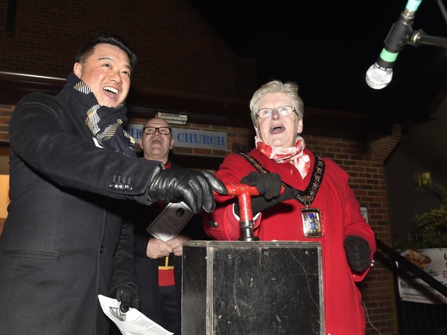 Emsworth Christmas lights were switched on in St Peter's Square on Friday, December 1, 2023.
Pictured is: MP Alan Mak and the mayor of Havant Rosy Raines.
Picture: Sarah Standing