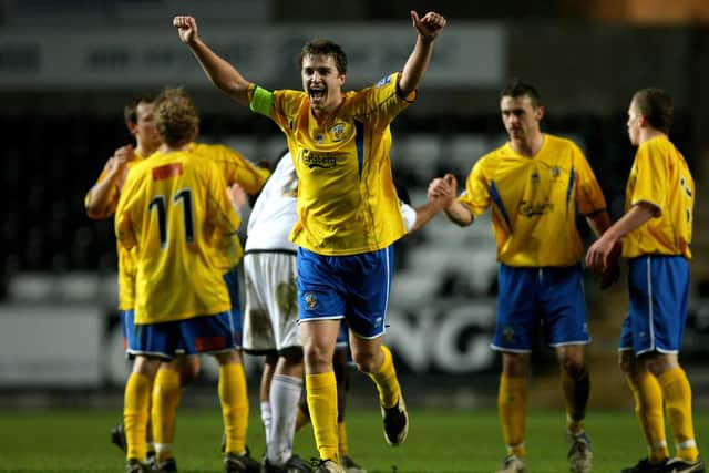 Jamie Collins celebrates Hawks' FA Cup third round draw at Swansea in January 2008. Photo by Richard Heathcote/Getty Images.