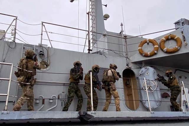 Trent sailors and marines train with Nigerian sailors in board and search tactics. Picture: Royal Navy