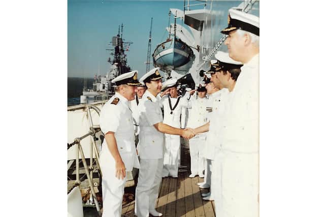 HMS Antrim’s new commander, Capt Gordon Walwyn, meets the ship’s officers. Picture: Gordon Walwyn collection.