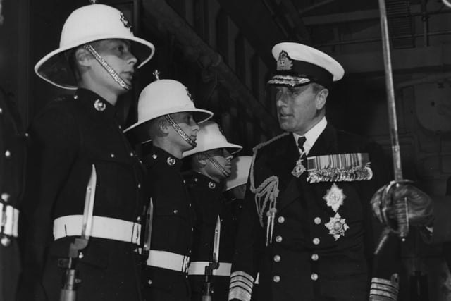 5th October 1958:  The First Sea Lord, Admiral the Earl Mountbatten of Burma, addressing the Marine Guard of Honour aboard HMS Protector at Portsmouth.  (Photo by Topical Press Agency/Getty Images)