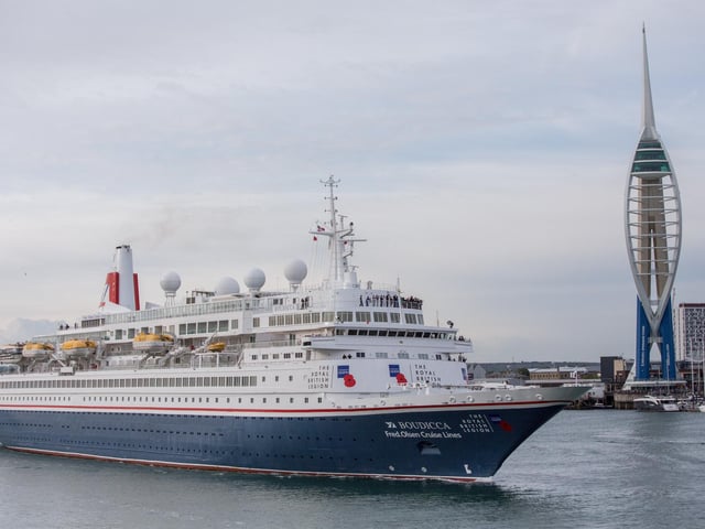 The Royal British Legion's specially chartered ship, the MV Boudicca, setting sail from Portsmouth with 300 veterans to Normandy. HMS St Albans, a Type-23 Royal Navy frigate, escorting the MV Boudicca along with four smaller Royal Navy vessels. Picture: Habibur Rahman