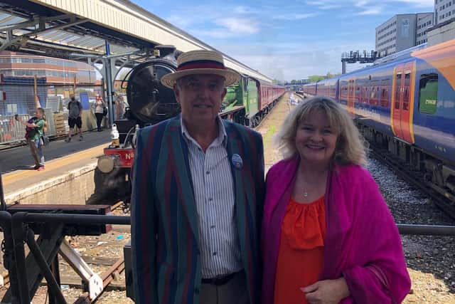 Fareham resident Robert Carter and his partner Valerie had booked two previous steam train trips that had been cancelled due to Covid-19 restrictions – and finally seeing the gleaming green locomotive was did not disappoint. Picture: Richard Lemmer