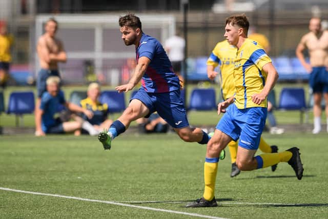 JackChandler, seen here scoring in a friendly against Locks Heath, is one of last season's FA Vase heroes who have stayed loyal to US Portsmouth. Picture: Keith Woodland