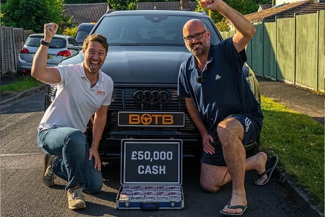 Mr Dewane said he would use the £50k cash prize, found in the boot, for home renovations and a new computer for his son. Pictured is BOTB presenter, Christian Williams, and Mr Dewane.