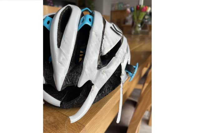 Colin Wilson's bike helmet, which was damaged during the crash on Feb 27.