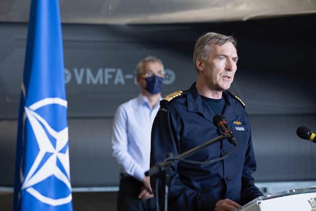 First Sea Lord Admiral Tony Radakin with Nato Secretary General Jens Stoltenberg behind on HMS Queen Elizabeth. Photo: Royal Navy