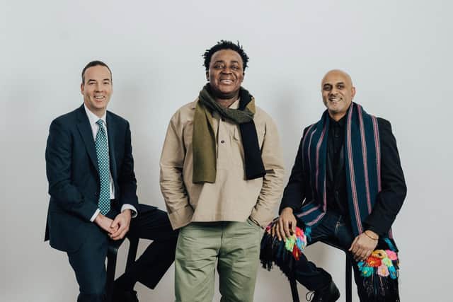University of Portsmouth graduate, artist and filmmaker John Akomfrah RA (centre) has been selected to represent the UK at the Venice Biennale in 2024. He is pictured with Scott McDonald, CEO, British Council (left) and Skinder Hundal, Global Director of Arts at the British Council and Commissioner of the British Pavilion Picture: British Council