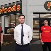 From left, manager Ben Williams, area manager Ryan Martin and assistant manager Kurt Page. Farmfoods on Fratton Rd has reopened after being refurbished
Picture: Chris Moorhouse      (121220-01)