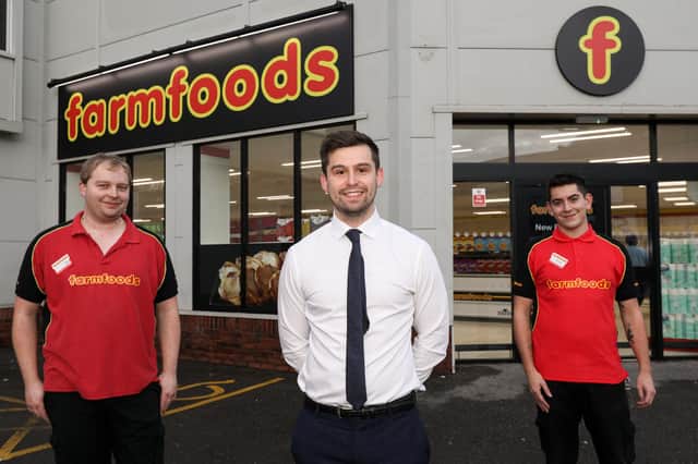 From left, manager Ben Williams, area manager Ryan Martin and assistant manager Kurt Page. Farmfoods on Fratton Rd has reopened after being refurbishedPicture: Chris Moorhouse      (121220-01)