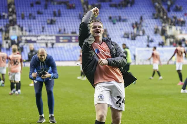 Pompey match-winner Terry Devlin celebrates with the travelling Pompey fans at the final whistle. Picture: Jason Brown/ProSportsImages