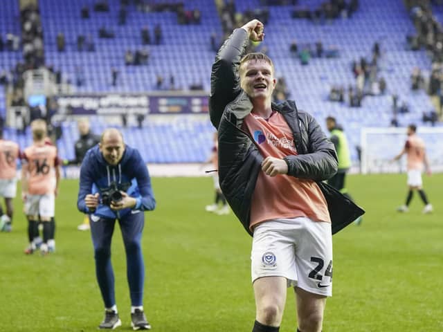 Pompey match-winner Terry Devlin celebrates with the travelling Pompey fans at the final whistle. Picture: Jason Brown/ProSportsImages