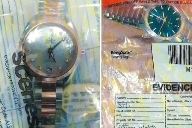 Omega Seamaster Aqua Terra Diamond Bracelet Watch worth £9,040 and an Omega Globemaster Aqua Terra Men’s Two Colour Bracelet Watch worth £8,700. Pic Sussex police